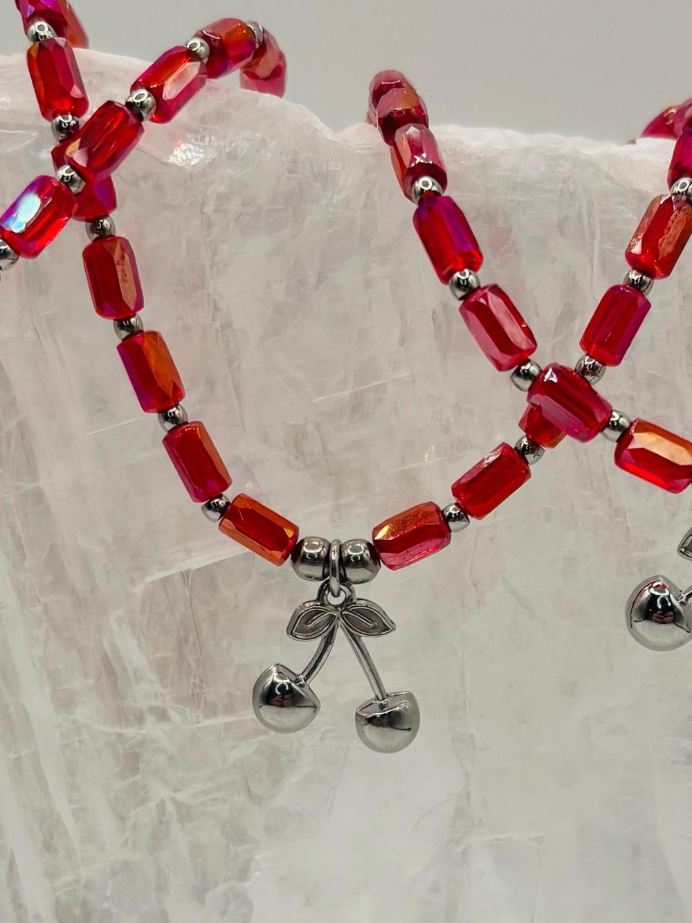 *ANKLET* S. Steel Silver Cherries with AB Red Crystal Stretchy Anklet - Picture 6 of 7